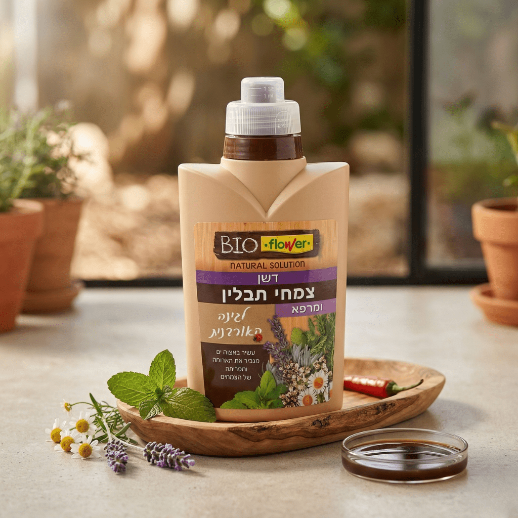 בקבוק דשן Bio Flower לצמחי תבלין ומרפא לצד עלי תבלין ופרחים