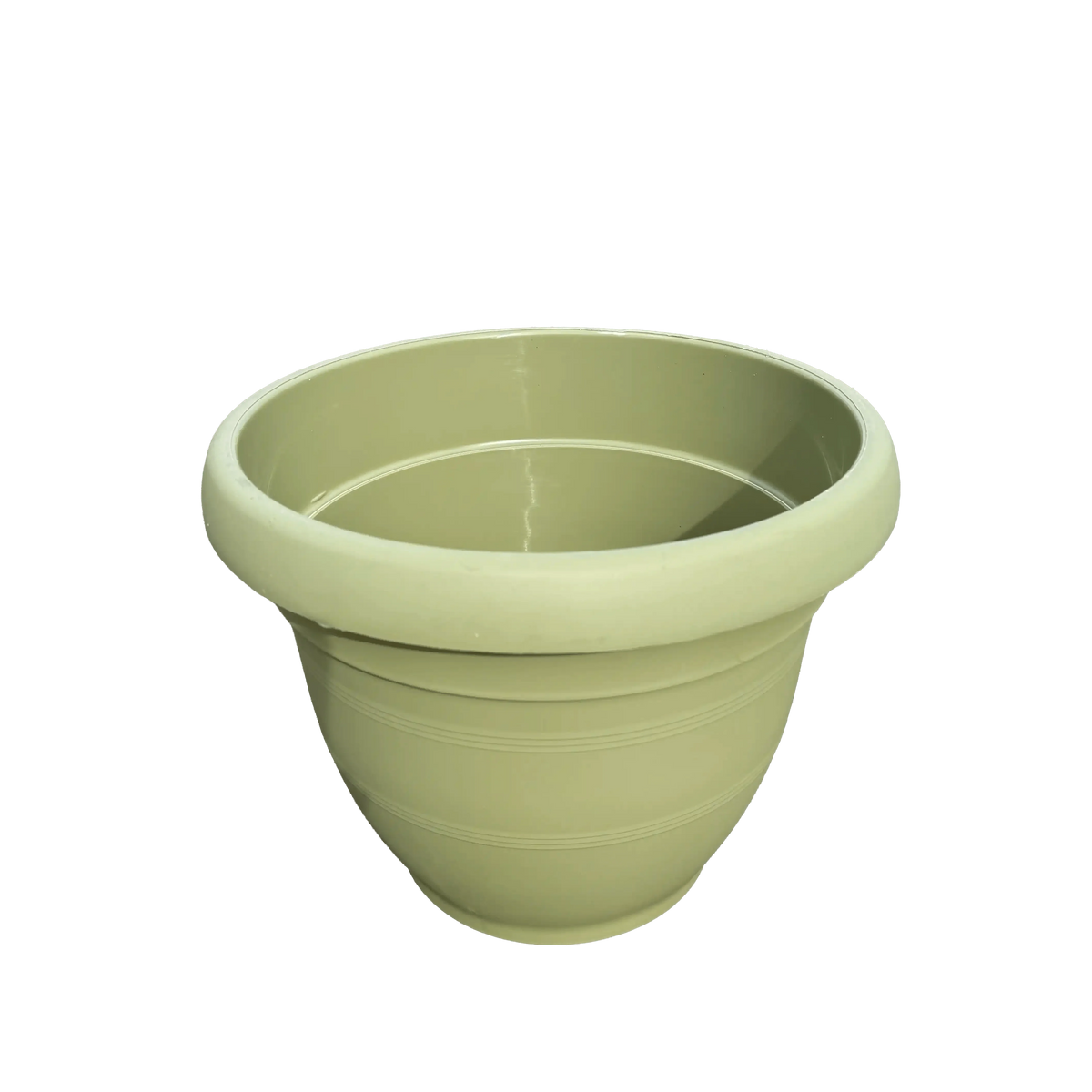 Green plastic pot on a white background