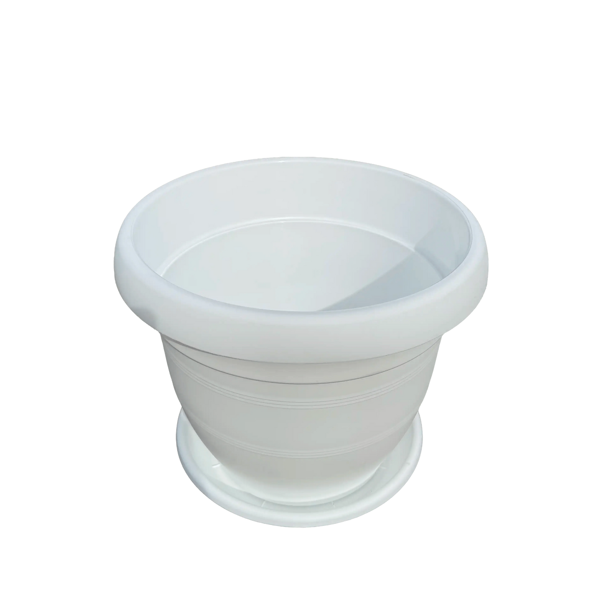 White plastic planter pot with saucer on a white background