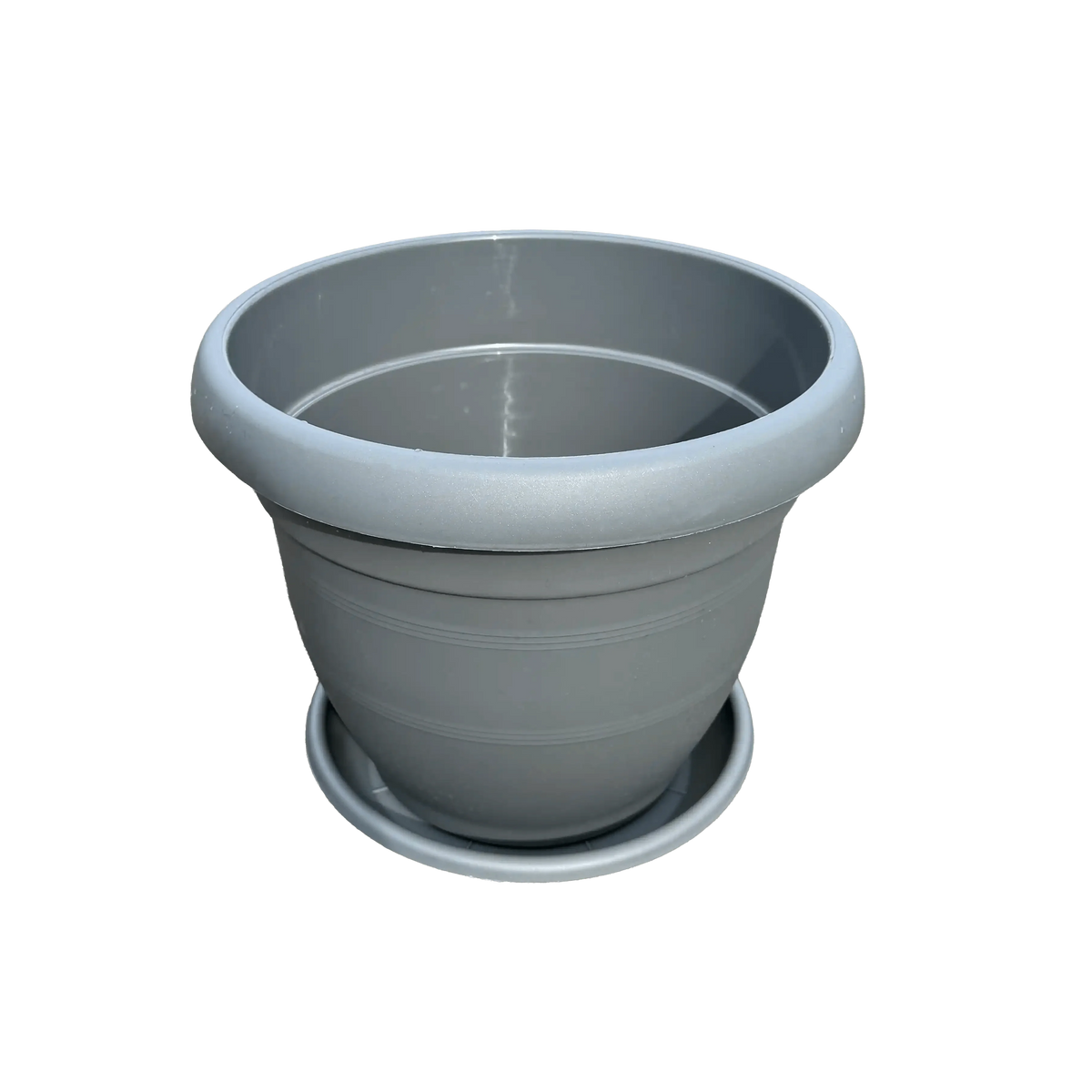 Gray pot with saucer on a white background