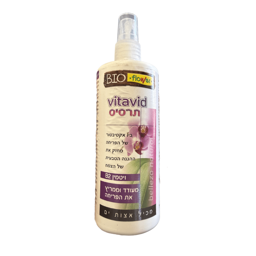 תרסיס ויטאוויד Bio Flower לעידוד פריחה והזנת עלים לסחלבים — בקבוק 180 מ״ל, מבט קדמי