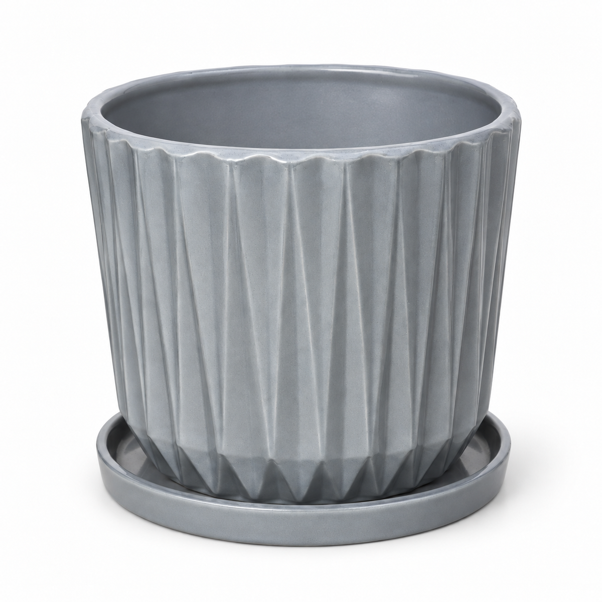 Large gray inverse diamond ceramic planter with matching saucer on neutral white background