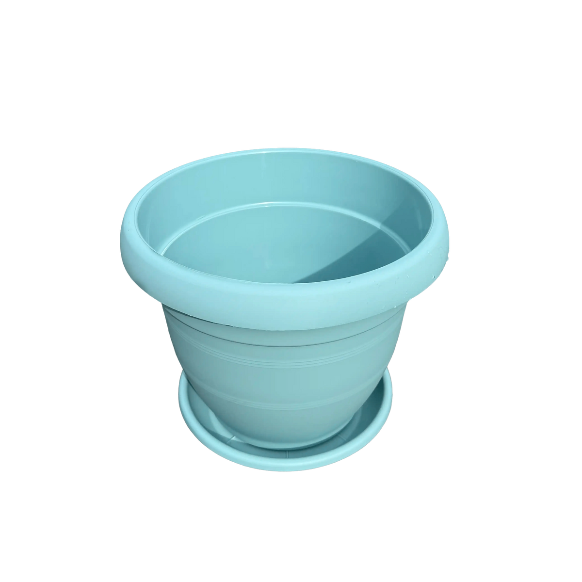 Light blue plastic pot on a white background