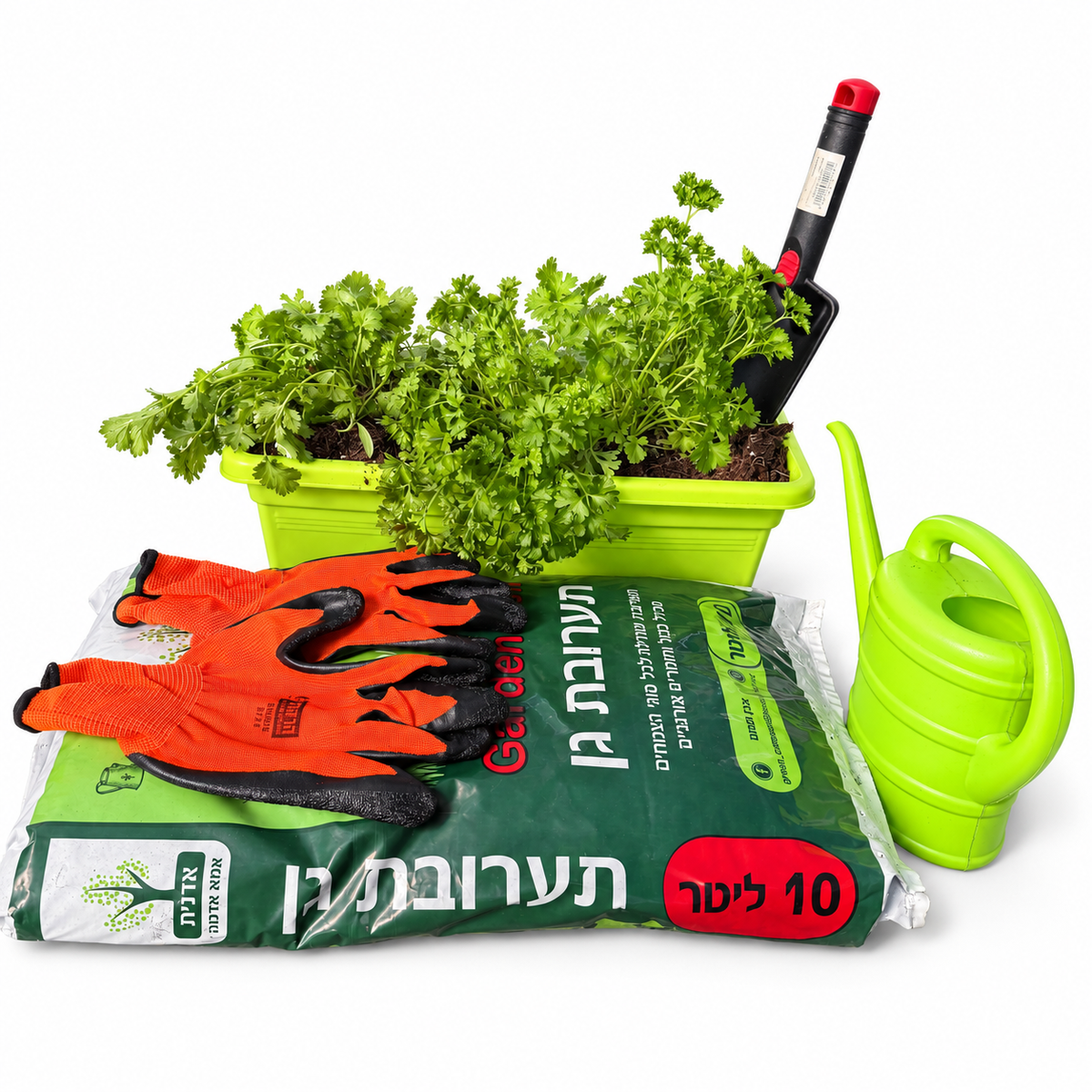 ערכת אדנית תבלינים מלאה עם גרפיקת שק תערובת גן 10 ליטר על רקע לבן